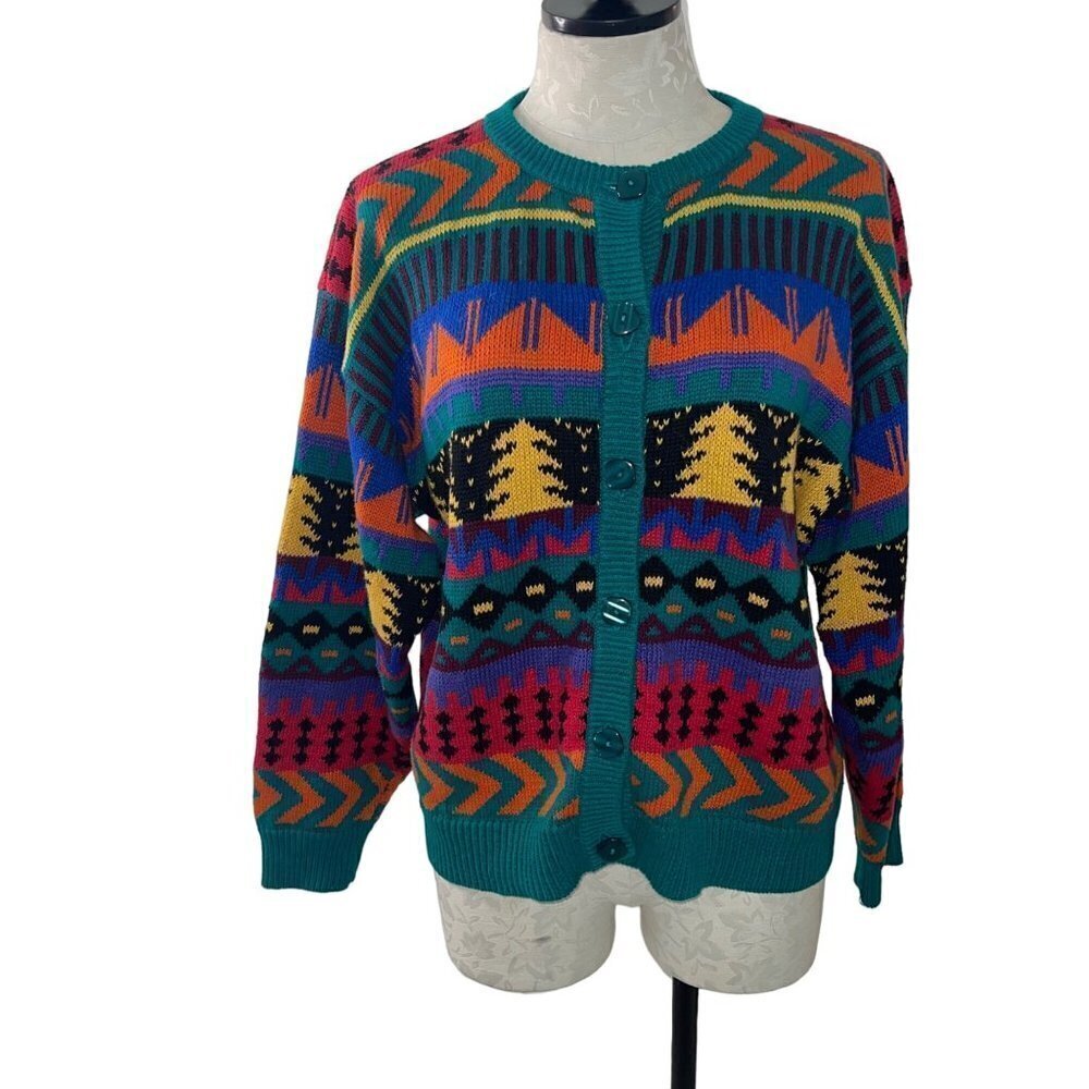 Laureen E Ong Vintage 1990s Womens Sweater Size Medium Multicolor Cardigan
